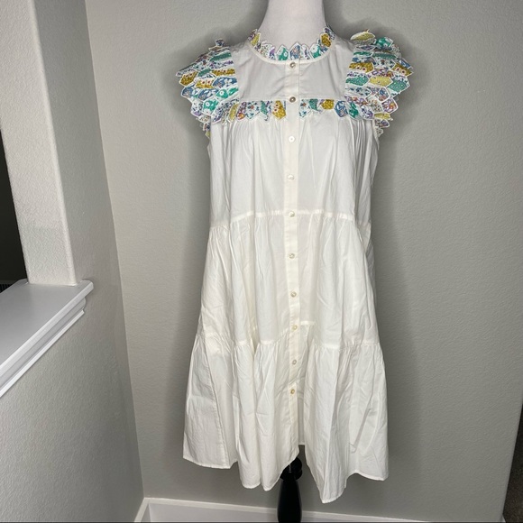 Sea New York Linen Patchwork Quilt Ruffle Shift Dress Size Large Cottagecore - Picture 4 of 11